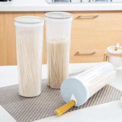 SHOWERORO Clear Plastic Noodles Container with Rotating Lid Multifunctional Food Storage Box for Grains Cereal Beans Nuts Spaghetti Light Blue