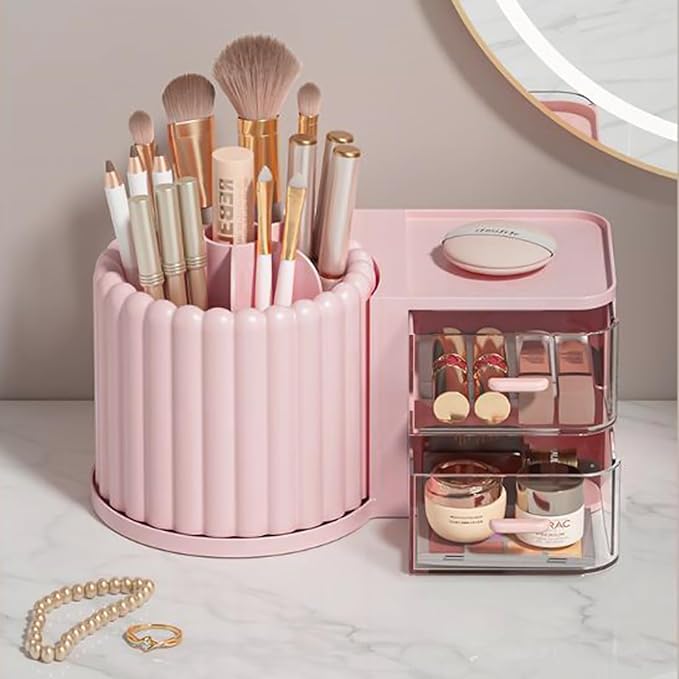 Anyoifax 360 Rotating Makeup Brush Holder 7 Slots Makeup Organizer with Drawer Removable Spinning Cosmetic Storage Pen Holder for Vanity, Dresser, Desk, Pink