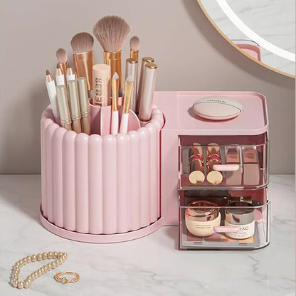 Anyoifax 360 Rotating Makeup Brush Holder 7 Slots Makeup Organizer with Drawer Removable Spinning Cosmetic Storage Pen Holder for Vanity, Dresser, Desk, Pink