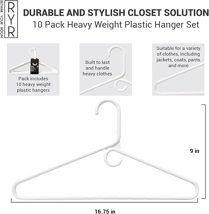 Clothes Hangers 10 Pack Plastic - Heavy Duty Space Saving Coat, Pant Hangers for Closet Organization - Durable Non-Slip, White Wardrobe Essentials Bulk Storage