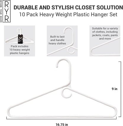 Clothes Hangers 10 Pack Plastic - Heavy Duty Space Saving Coat, Pant Hangers for Closet Organization - Durable Non-Slip, White Wardrobe Essentials Bulk Storage