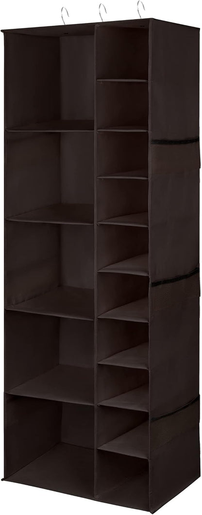 Libeder Shoe Organizer for Closet, 15 Shelf Hanging Closet Storage Shelves - 10 Shoe Rack Organizer and 5 Compartment for Clothes with 6 Side Mesh Pockets for Scarf, Socks,Gloves Coffee