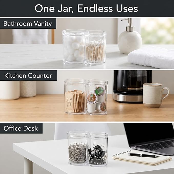 ForPro Clear Acrylic 2-Compartment Apothecary Jar with Lid, Shatterproof Qtip Holder & Cotton Ball Organizer, 28 Oz + 20 Oz Bathroom Vanity Canister for Kitchen, Office Decor, 6.25" x 3.7" x 4.6