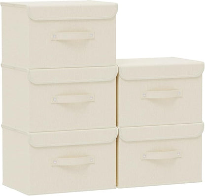 Fabric Storage Bins Cube Organizers with Flip-Top Lid and Handles, Storage Boxes for Organizing Home, Office, and Closet, Beige, 5 Pack 10.2 X 7.9 X 6.7 in
