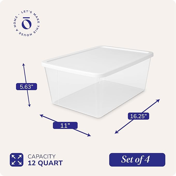 HOMZ 4-Pack Snaplock, Small Clear Plastic Storage Organizer Bins w/Lids, 12 Quart, White - Stackable Container Boxes for Bedroom, Bathroom, Garage, and Office Organization