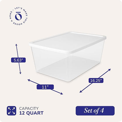 HOMZ 4-Pack Snaplock, Small Clear Plastic Storage Organizer Bins w/Lids, 12 Quart, White - Stackable Container Boxes for Bedroom, Bathroom, Garage, and Office Organization