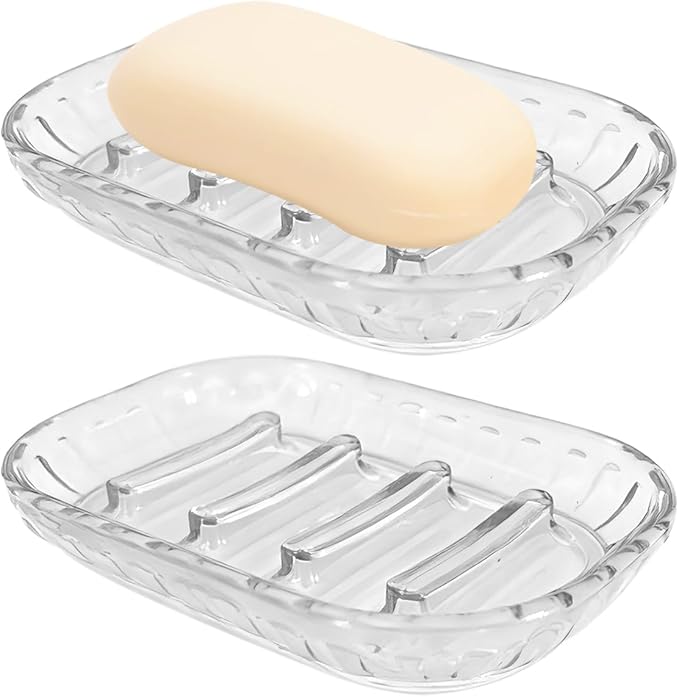2 Pack Soap Dish Holder for Bar Soap, Bathroom Soap Dishes Bar Soap Holder Tray, Soap Dishes for Shower Bathroom, Kitchen Sink Soap Dish, Clear
