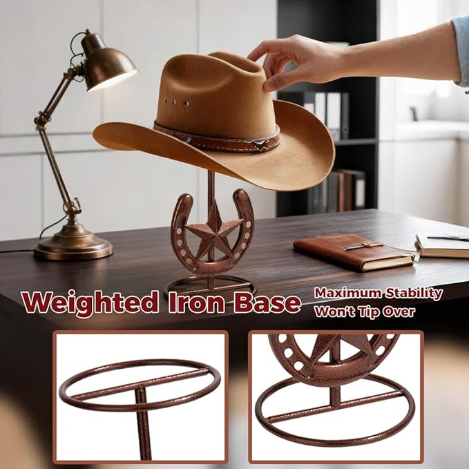 2 PCS Cowboy Hat Stand, Cowboy Hat Holder, Hat Display Stand, Western Horseshoe Decor, Desk Hat Rack for Fedora Sun Straw Hats, Tabletop Hat Stands, Iron, Bronze Finish, 5.1 x 5.1 x 11.5 in