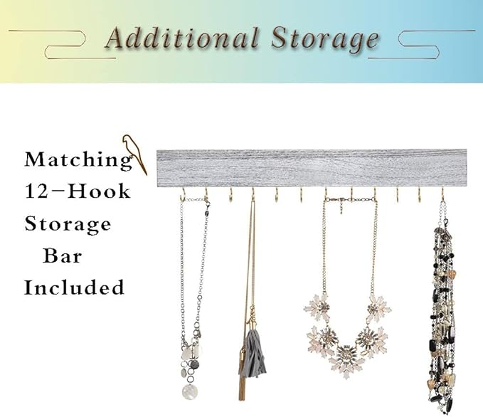 GLANT Rustic Wall Mounted Jewelry Organizer with Wooden Barndoor Decor,Wooden Wall Mount Holder,Jewelry holder for Necklaces, Earings, Bracelets, Ring Holder. Includes matching hook organizer