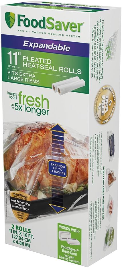 FoodSaver Vacuum Sealer Bags for Extra Large Items, Rolls for Custom Fit Airtight Food Storage and Sous Vide, 11" x 16' (Pack of 2) & 1-Gallon Vacuum Zipper Bags, 12 Count, Multi