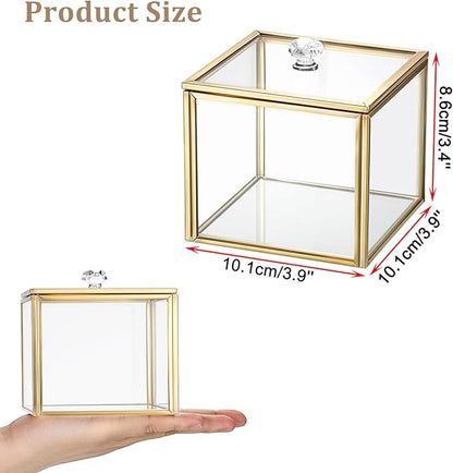 Hipiwe Glass Q-tip Holder Gold Cotton Swab Organizer Bathroom Dispenser with Lid Qtip Canister for Cotton Ball Pads Glass Vanity Box for Countertop Storage and Organization