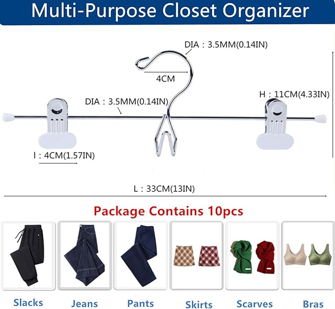 13 Inch White Heavy Duty Add-on Stackable Metal Hanger for Trousers Pants Skirt with Extra Strong Clips Pack of 10