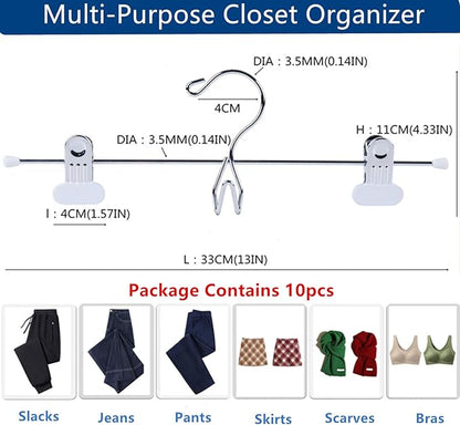 13 Inch White Heavy Duty Add-on Stackable Metal Hanger for Trousers Pants Skirt with Extra Strong Clips Pack of 10