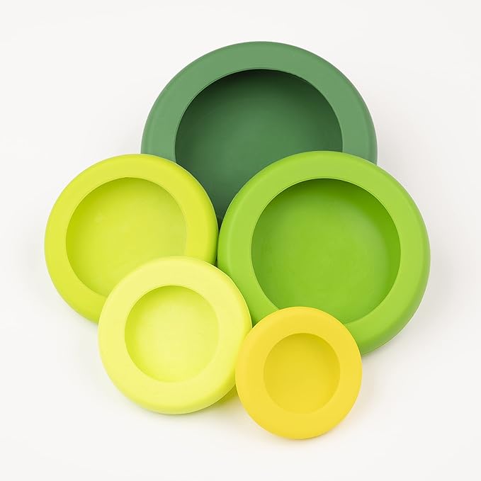 Food Huggers 5pc Reusable Silicone Food Savers | BPA Free | Plastic Free Food Storage | Dishwasher Safe | Fruit & Vegetable Storage for Onion, Tomato, Lemon, Banana & Cans | Round, Fresh Greens