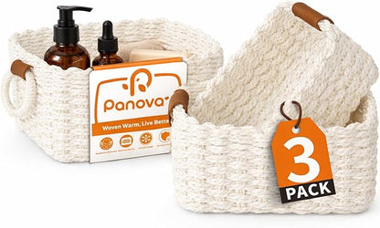 Storage Basket, Recycled Paper Rope Bathroom Basket Organizer, 3Pcs Small Baskets for Organizing, Mini wicker Basket for Decorative Storage Bins, Shelves, Bathroom, Cabinet - White