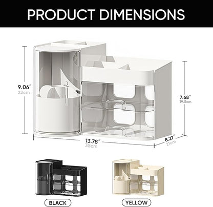 Makeup Organizer,Rotating Cosmetic Storage Organizer with Drawers,Large Capacity Makeup Brush Holder,Skincare Vanity Organizer for Bathroom Countertop, White