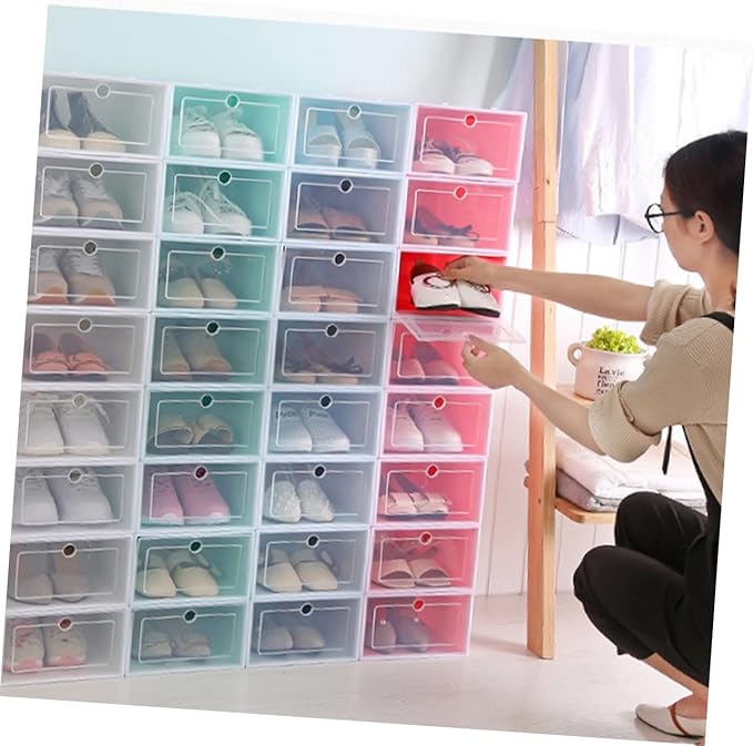 Amosfun 6pcs Stackable Shoe Storage Boxes Thicken Plastic Shoe Organizers for Closet Small Blue for Boots Heels Sneakers