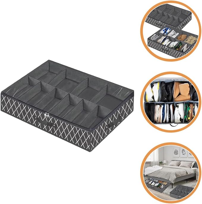 NUOBESTY Foldable Shoes Storage Box with Zipper and Window Large Capacity Non-woven Underbed Shoe Organizer Black Cross Pattern Reusable for Home Closet Storage