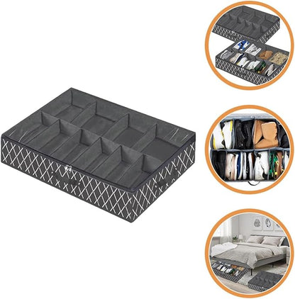 BESPORTBLE Underbed Shoe Storage Box with Zipper Lid, Foldable Non-Woven Fabric Shoe Organizer Bag, Multi-Grid Reusable Container for Home Closet Storage, Black Cross Pattern