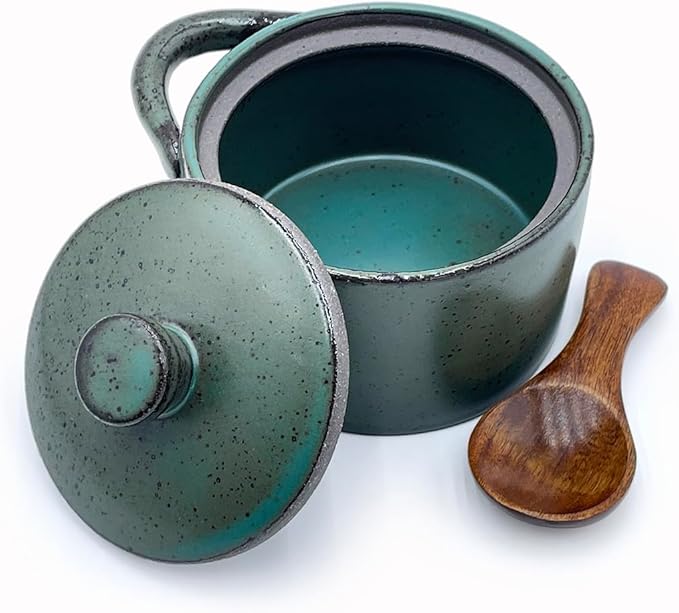 8 oz Ceramic Salt Cellar with Lid & Wooden Spoon,Countertop Salt Container,Sugar Bowl,Spices Jar| Artisan Kitchen Decor(Deep Blue)