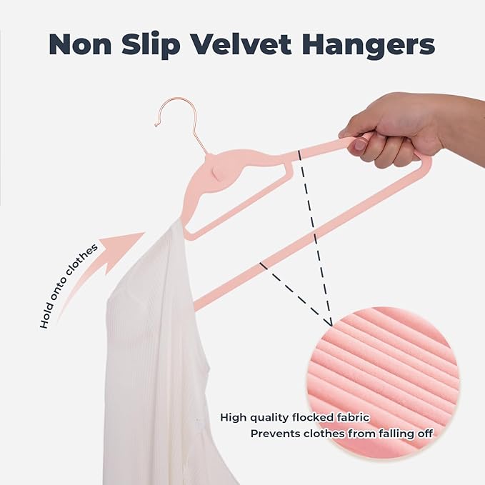 Pink Velvet Hangers 50 Pack, Felt Covered Non Slip Fabric with Stackable Cascading Hook, Ultra Thin and Space Saving with 360° Swivel Neck, 15Lbs Capacity for Clothes, Suit, Shirt, Coat