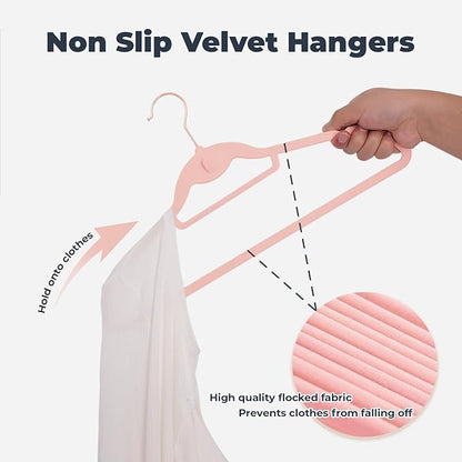Pink Velvet Hangers 50 Pack, Felt Covered Non Slip Fabric with Stackable Cascading Hook, Ultra Thin and Space Saving with 360° Swivel Neck, 15Lbs Capacity for Clothes, Suit, Shirt, Coat