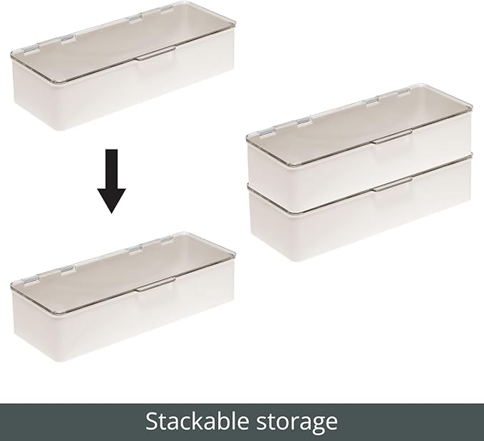 mDesign Long Plastic Cosmetic Storage Organizer Box Containers, Hinged Lid for Bedroom, Bathroom Vanity Shelf or Cabinet, Holds Masks, Palettes, Lotion, Nail Polish, 2 Pack, Cream/Beige/Clear