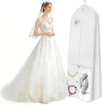 72" Wedding Dress Garment Bag with 10" Gusset & 4 Pockets - Extra Long Hanging Storage Cover for Bridal Gowns, Evening Dresses, and Formal Gowns, Travel Clothes Bag with Accessory Pockets