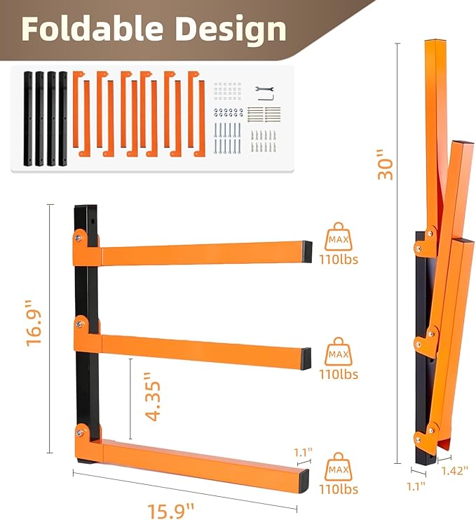 Wall Mounted Lumber Storage Rack and Wood Organizer with 6-Level Holds Up 1320 LBS, Heavy Duty Steel Shelf Brackets for Garages Workshops & Outdoor Sheds, Space Saving Metal Wall Rack