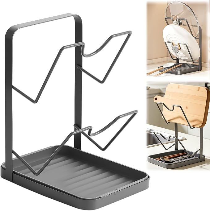 Kitchen Pot Lid Storage Rack, Pot Lid Holder With Tray, Lid Holder While Cooking, Lid And Spoon Rest, Multifunctional Kitchen Organizer Stand (Black)