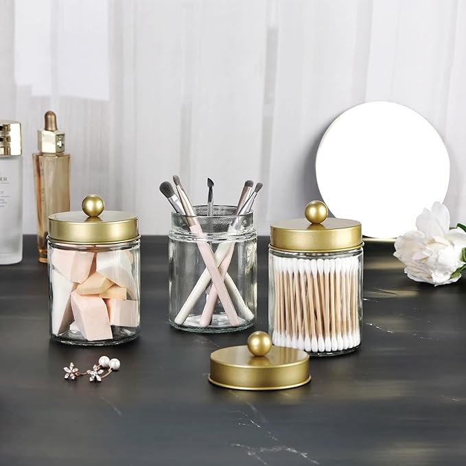 Apothecary Jar Canisters Bathroom Vanity Organizer - Qtip Holder Storage Organizer Countertop -Stainless Steel Lids &Cute Stickers for Qtips,Cotton Swabs,Makeup Sponges,Floss(3 Pack) (Gold)