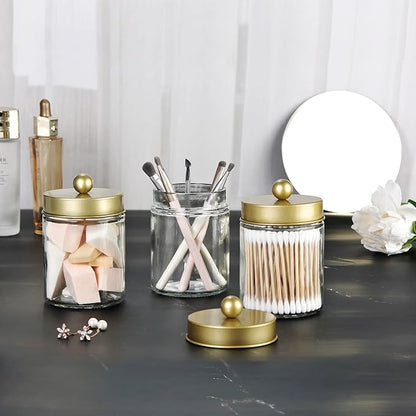 Apothecary Jar Canisters Bathroom Vanity Organizer - Qtip Holder Storage Organizer Countertop -Stainless Steel Lids &Cute Stickers for Qtips,Cotton Swabs,Makeup Sponges,Floss(3 Pack) (Gold)