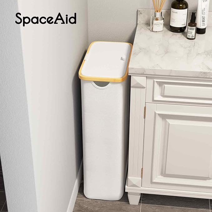 SpaceAid Slim Laundry Hamper with Lid, 65L Narrow Clothes Basket Bin with Bamboo Handles, Skinny Tall Collapsible Hamper for Bedroom, Bathroom, Dorm, Laundry Room - White
