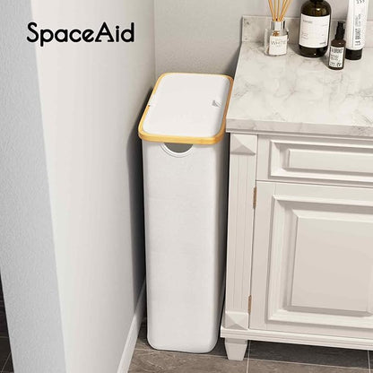 SpaceAid Slim Laundry Hamper with Lid, 65L Narrow Clothes Basket Bin with Bamboo Handles, Skinny Tall Collapsible Hamper for Bedroom, Bathroom, Dorm, Laundry Room - White