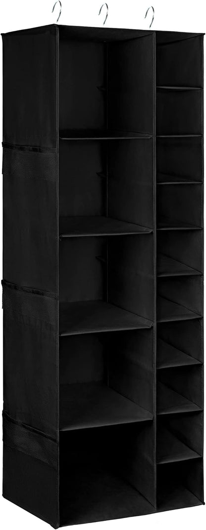 Libeder Shoe Organizer for Closet, 15 Shelf Hanging Closet Storage Shelves - 10 Shoe Rack Organizer and 5 Compartment for Clothes with 6 Side Mesh Pockets for Scarf, Socks,Gloves Black