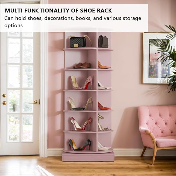 Rotating Shoe Rack Tower, 360-Degree Circular Storage Organizer for Shoes and Handbags, Vertical Space-Saving Cabinet for Entrance Hall, Independent Rotating Shoe Shelf (A-Pink