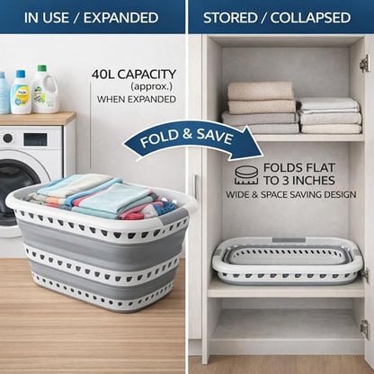 Laundry 360 Collapsible Laundry Basket 40L | Portable | Space Saver Storage | Hold 2 Loads | Store Under the Bed or Closet | Good for Kids | Dorm | Bedroom | Large | White/Grey