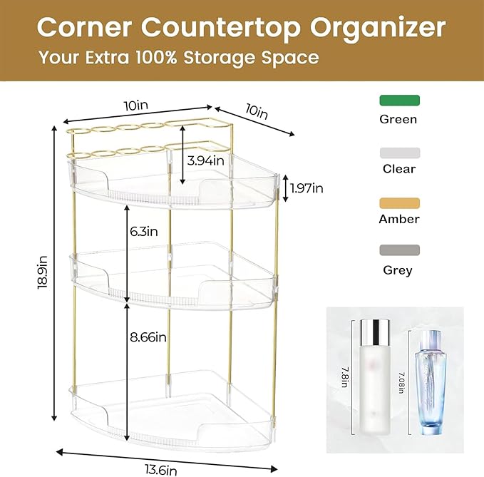 FELIZHOUSE 3-Tier Makeup Organizer for Vanity & Bathroom Countertop – Acrylic Storage Shelf with Perfume Tray & Makeup Brush Holder, Tool-Free Installation, Design for Bathroom & Dresser - Clear