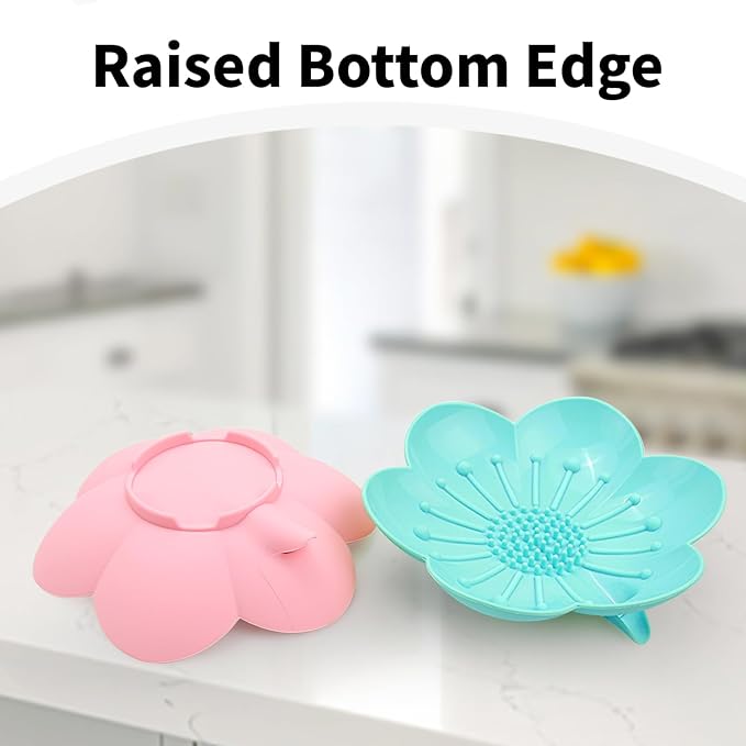 Soap Dishes 2 Pack Self Draining XL Flexible Bar Holder for Shower, Silicone Flower Soap Saver Tray for Counter Bathtub Sink Bathroom Decor with Drainage -Mirror Surface Easy Clean (Pink/Cyan Blue)