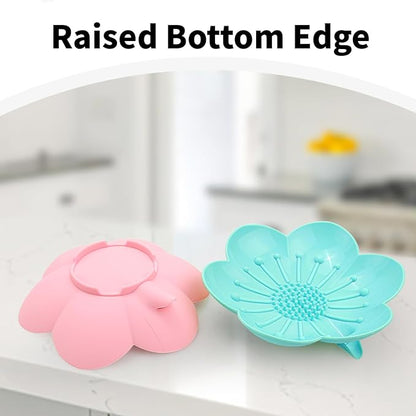 Soap Dishes 2 Pack Self Draining XL Flexible Bar Holder for Shower, Silicone Flower Soap Saver Tray for Counter Bathtub Sink Bathroom Decor with Drainage -Mirror Surface Easy Clean (Pink/Cyan Blue)