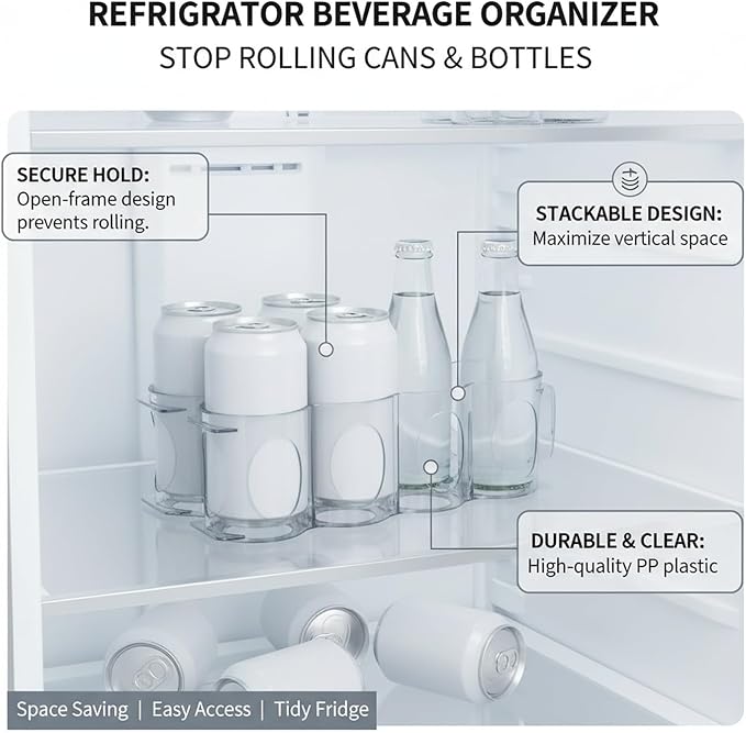 Beverage Organizer Rack for Refrigerator, Stacking Can Dispenser to Stop Rolling Cans and Bottles, Space Saving Fridge Storage Shelf, Clear PP Plastic
