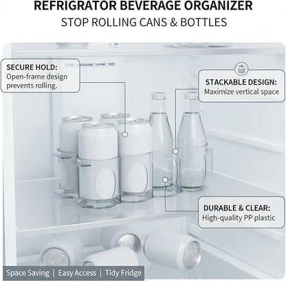 Beverage Organizer Rack for Refrigerator, Stacking Can Dispenser to Stop Rolling Cans and Bottles, Space Saving Fridge Storage Shelf, Clear PP Plastic