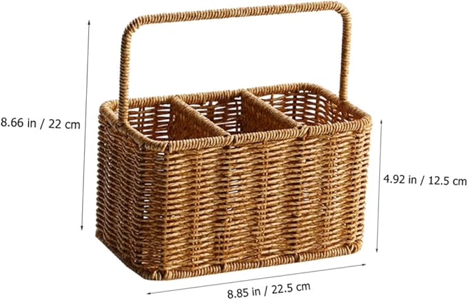 SOLUSTRE Woven Divided Cutlery Storage Basket 8.85X8.66X4.92 Inch Portable Silverware Organizer for Kitchen Countertop and Dining Room Utensil Caddy