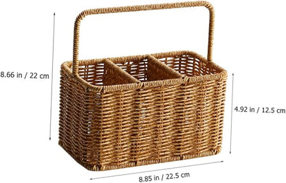 SOLUSTRE Woven Divided Cutlery Storage Basket 8.85X8.66X4.92 Inch Portable Silverware Organizer for Kitchen Countertop and Dining Room Utensil Caddy