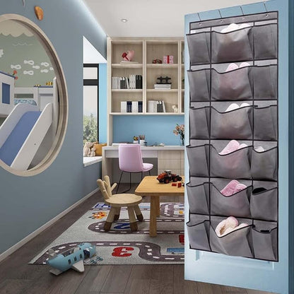 Over The Door Hanging Shoe Rack Organizer with 6 Extra Large and 12 Large Fabric Pockets Shoe Holder for Home Storage (GREY)