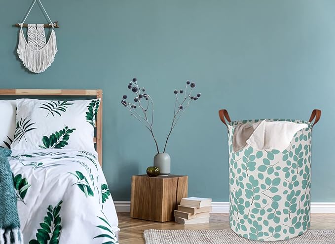Laundry Baskets,Canvas Fabric Laundry Hamper,Collapsible Toy Storage Organizer Bins,Gift Basket for Bedroom, Clothes, Nursery,Kids,Boys (Eucalyptus leaves)