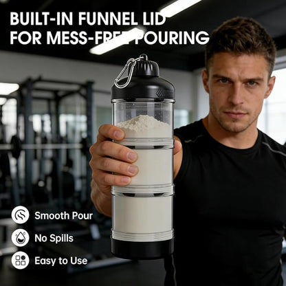 BYLWORKOUT 3 Layers Protein Travel Container with Funnel and Keychain | Cute Protein and Kitchen Storage Containers | Clear Plastic Kitchen Grade Box Organisers for Workout and Travel (Black)