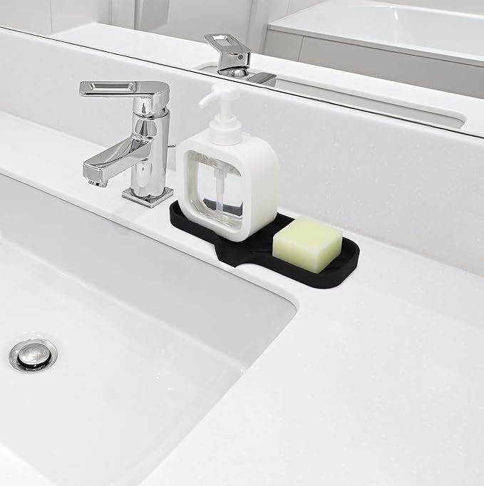 Silicone Bathroom Soap Dishes, Sponge Holder for Kitchen Sink, Shower Soap Holder with Drain, Soap Dispenser Tray, Soap Dish for Bottle, Cup, Sink or Counter Organizer - Black 9" x 3.15"