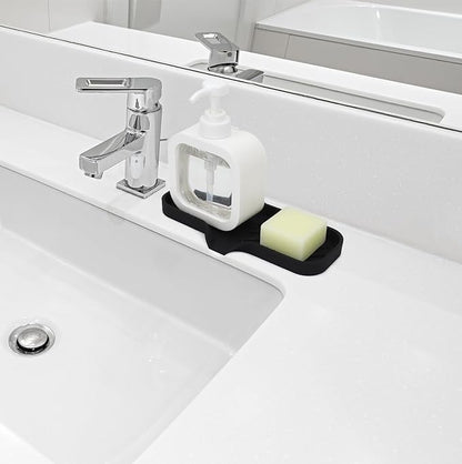 Silicone Bathroom Soap Dishes, Sponge Holder for Kitchen Sink, Shower Soap Holder with Drain, Soap Dispenser Tray, Soap Dish for Bottle, Cup, Sink or Counter Organizer - Black 9" x 3.15"