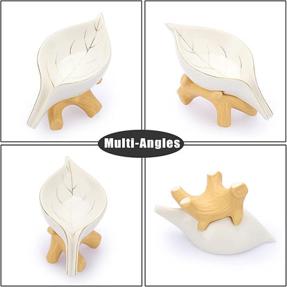 JUXYES Ceramic Soap Dish Holder Self Draining, Unique Waterfall Soap Dish Leaf Shape Decorative Soap Dish Tray Tabletop Drainable Soap Saver Bathtub Waterfall Soap Dish Holder for Bathroom Shower